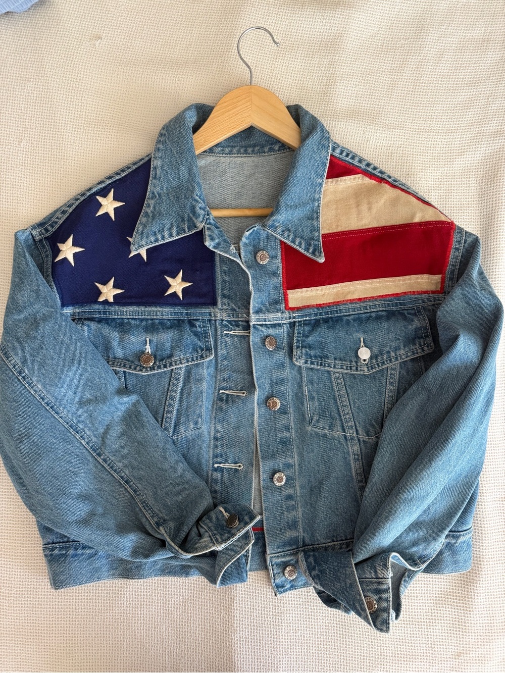 Vintage 1980s-1990s Blue Denim Jacket with Real Flag Patchwork